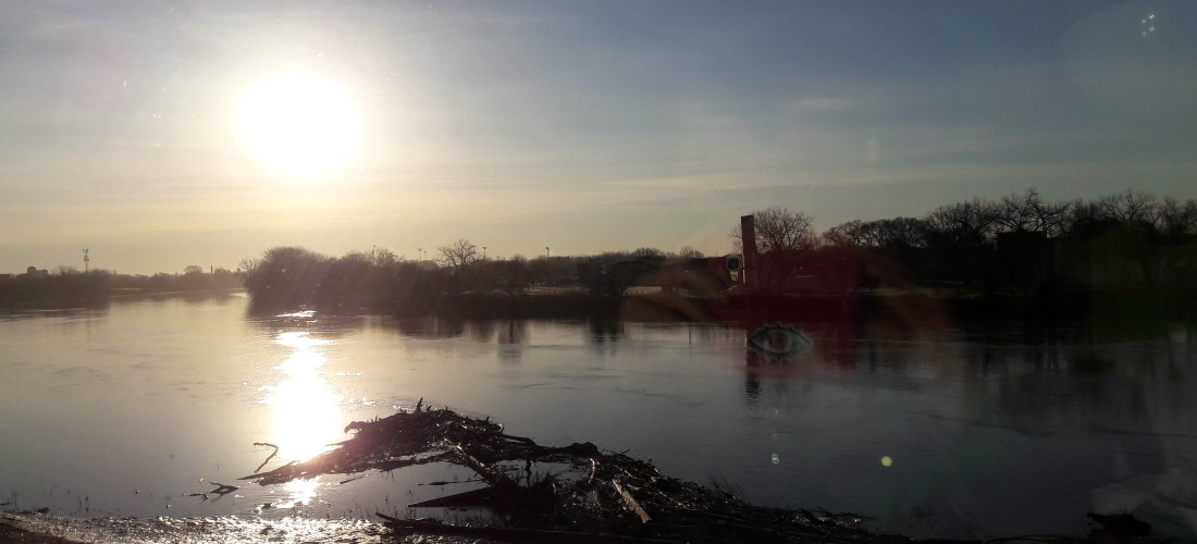 Sunrise over the Red River: a wide river on low prarie, fringed by trees yet to get spring leaf. Industrial buildings in the background, logs and branches in the foreground. The shadow of me in the window.