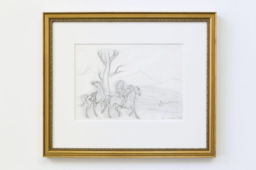 Kent Monkman, sketch for "red man teach white man how to ride bareback". It's a pencil sketch, grey on white, with a cold frame. In the background, mountains, then a bare tree; in the foreground, two horses and two human figures, one with a feather headdress and one with a cowboy hat, both pantsless and on the same horse. Image from neverapart.com