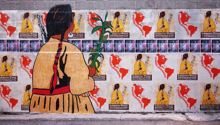 Indigenous Women Defending Land by Melanie Cervantes of Dignidad Rebelde : "As individuals, as organizations, as communities or as a people, indigenous women continually prove their strength in the face of threat and adversity. Our responses show that we are not passive victims of oppression but fierce actors in the indigenous peoples’ struggles for survival. We have formed organizations and networks. They have initiated community-based projects to respond to basic needs of our people.We have been in the forefront of numerous actions of indigenous peoples to defend our land, our lives and our livelihood.We mixed in a piece by Lianne Charlie and Lindsay Katsitsakatste Delaronde which reads Tiotia:ke the Mohawk name for "Montreal" which means where the currents meet. I am also repping Jesus Barraza's Tierra Indigena in this wheat paste mural. " https://www.facebook.com/decolonizingstreetart/